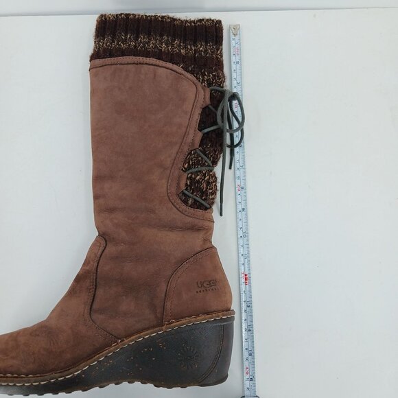 UGG Skylair Brown Leather Wedge Shearling Knit Tall Boots Size 9 Lace Up - Picture 12 of 14